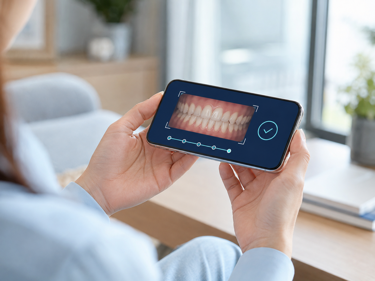 スマートフォンで矯正治療の経過を確認するデンタルモニタリングのイメージ
